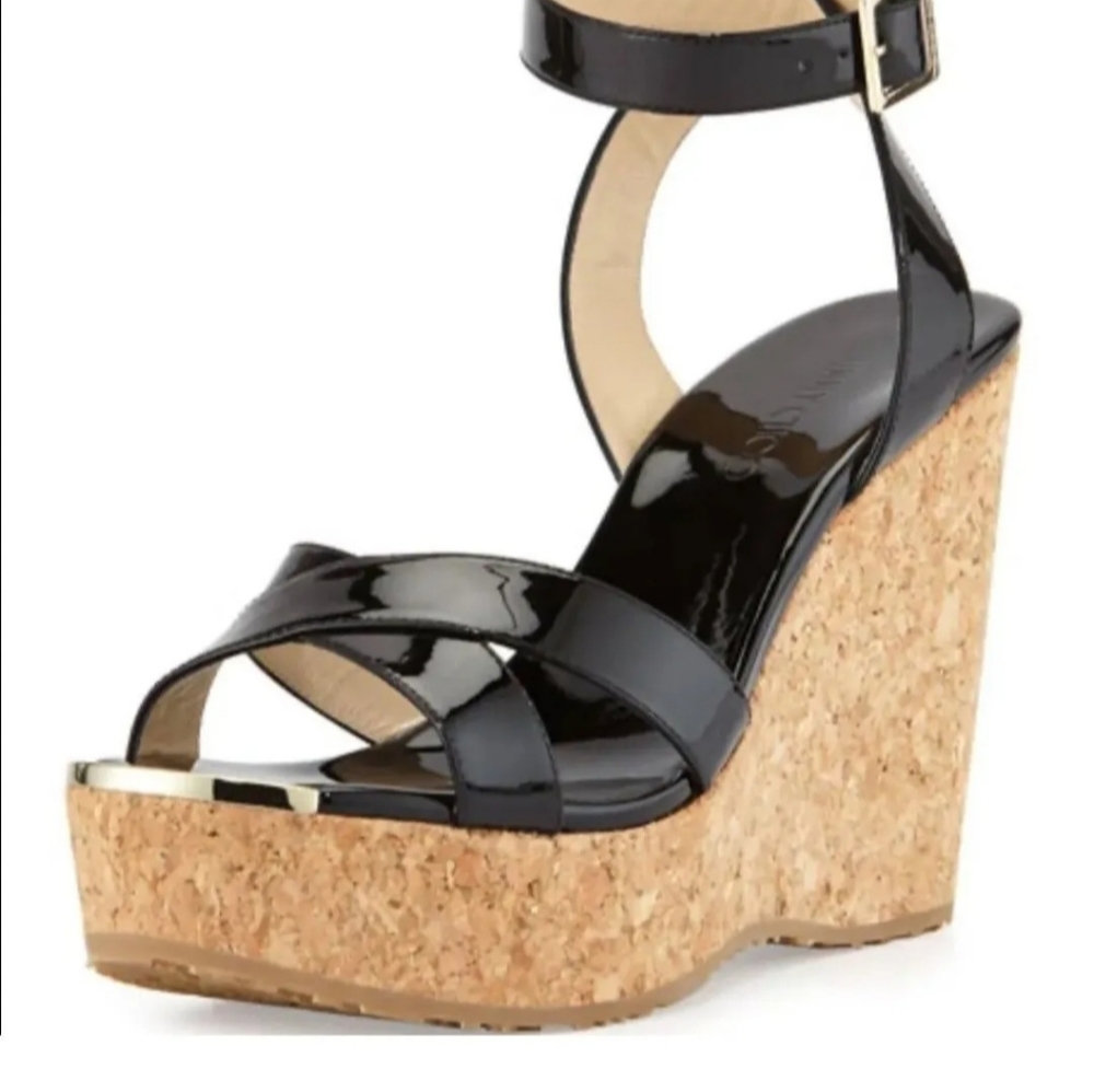 Jimmy Choo 365Papyrus patent black size 39 size 9 wedge heel NIB
